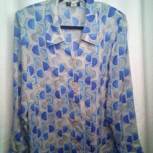 Ashley Stewart Blouse 16 Long Sleeve Button Up Patterned Blue Gray